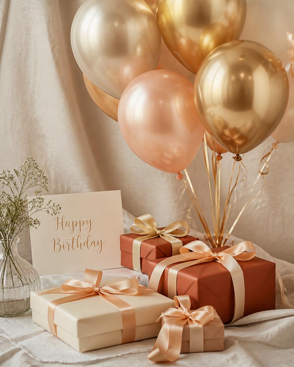 Shiny gold and blush balloons above gifts wrapped in cream and terracotta paper with satin ribbon