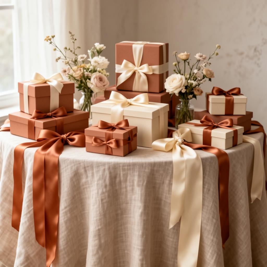 A styled gift table with linen, ribbons, and florals in terracotta and cream